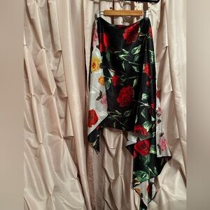 100% silk scarf Italy rose print reversible floral black white